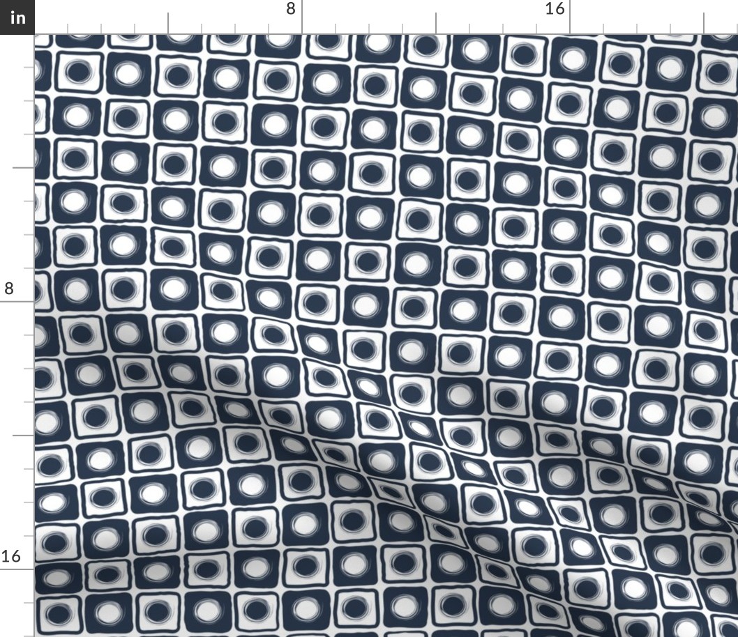 Medium scale navy blue and white checks and dots