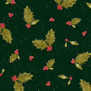 Christmas Holly and Berries on Dark Green | Large Scale