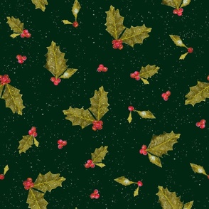 Christmas Holly and Berries on Dark Green | Medium Scale