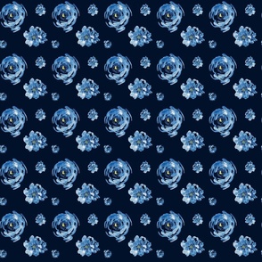 Blue Watercolor flower and rose pattern on dark 
