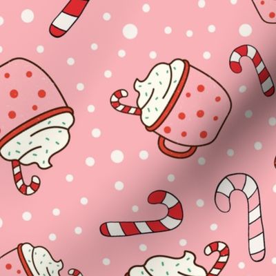 Large Scale Peppermint Candy Canes Hot Cocoa Mocha Latte Coffee Mugs on Pink