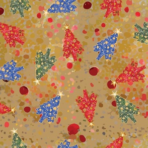 Golden Holiday Dots with Red Green Blue Trees 