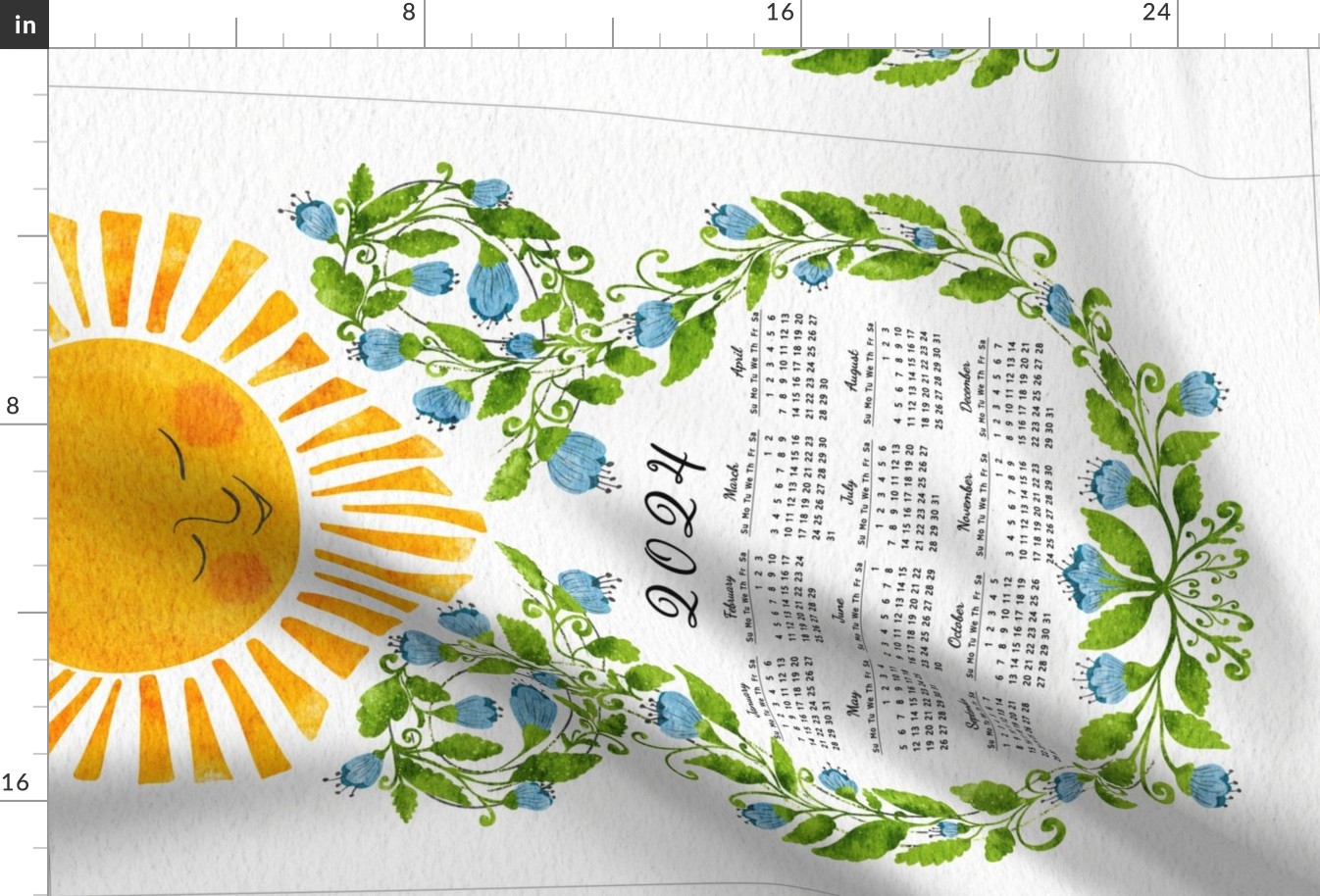 2024 Calendar Cute Sun and Blue Flowers