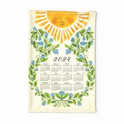 Retro 2024 Calendar Blue Flowers and Cute Sun