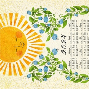 Retro 2024 Calendar Blue Flowers and Cute Sun