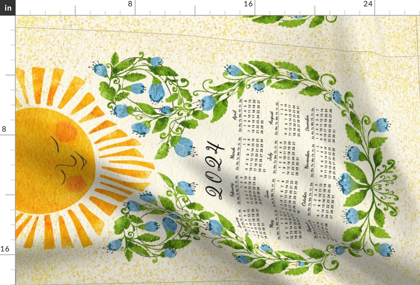 Retro 2024 Calendar Blue Flowers and Cute Sun