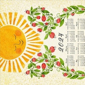Retro 2024 Calendar Red Flowers and Cute Sun