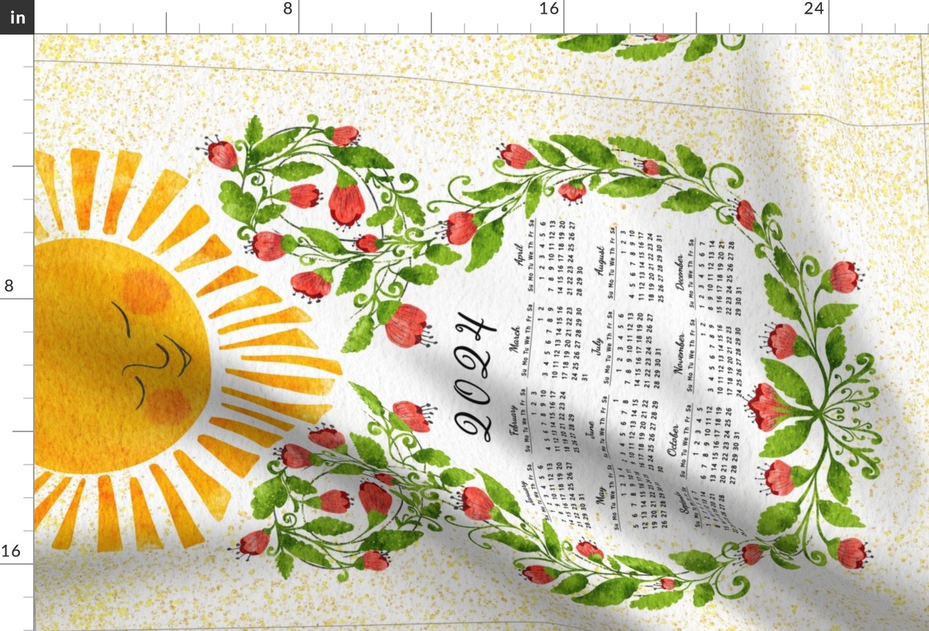 Cute Floral 2024 Calendar with Sun and Red Flowers