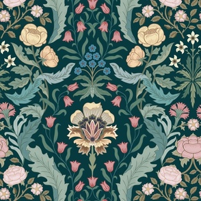 Victorian era floral with roses, carnations, forget-me-nots on forest green - arts and crafts style - large (18inch W)