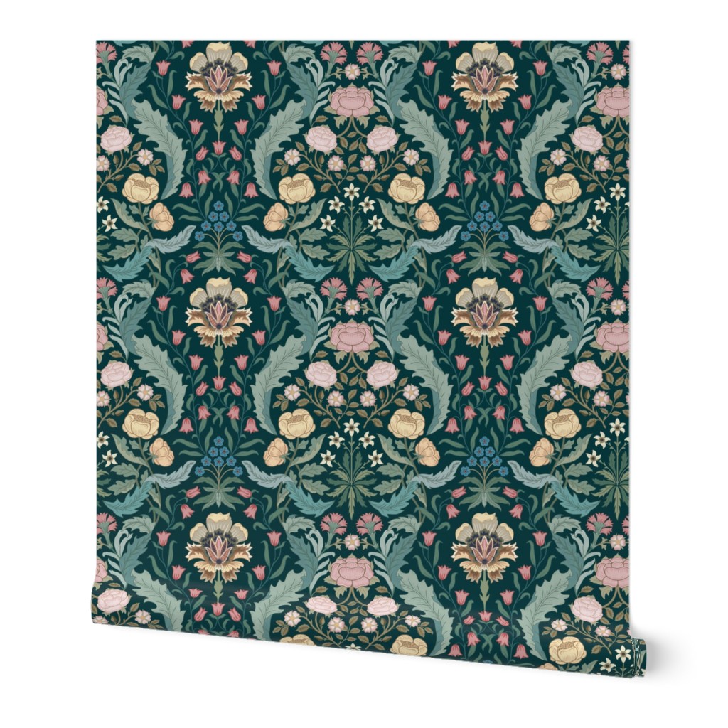 Victorian era floral with roses, carnations, forget-me-nots on forest green - arts and crafts style - medium (12inch W)