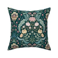 Victorian era floral with roses, carnations, forget-me-nots on forest green - arts and crafts style - medium (12inch W)
