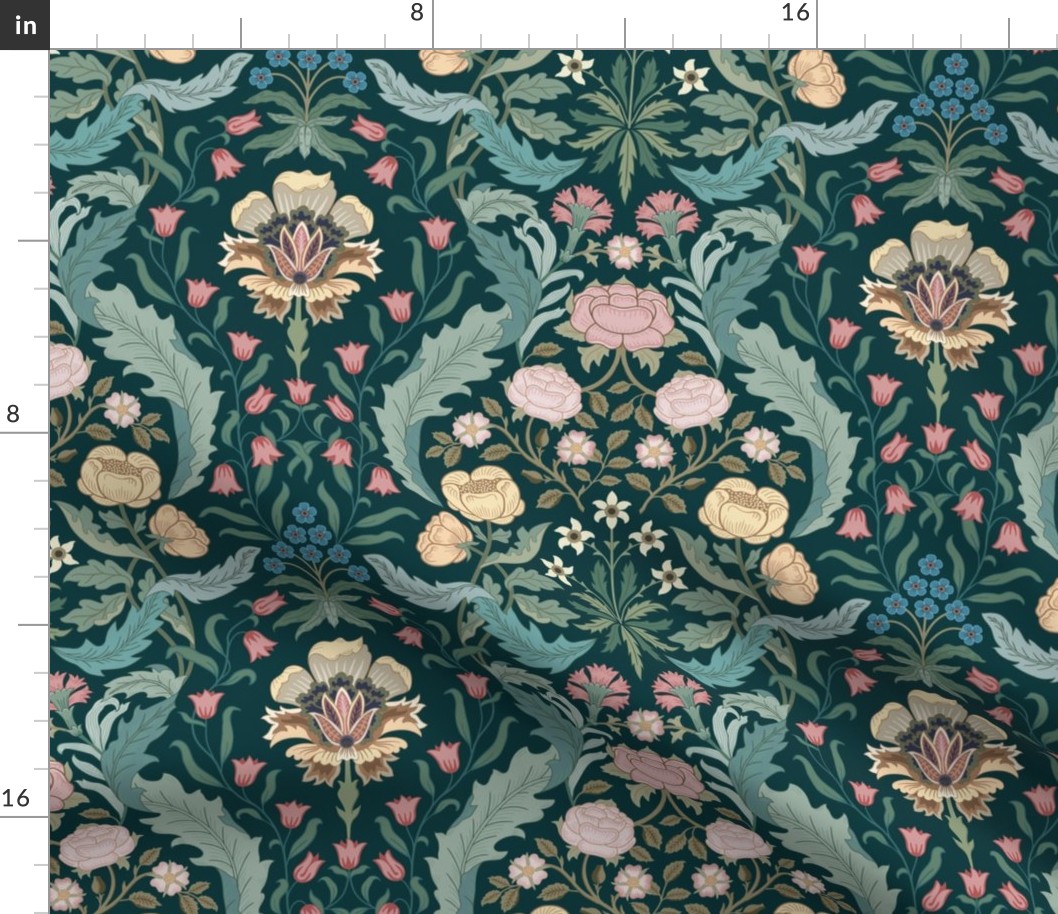 Victorian era floral with roses, carnations, forget-me-nots on forest green - arts and crafts style - medium (12inch W)
