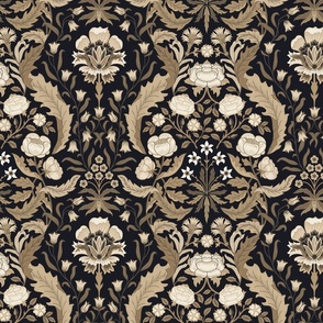 Victorian era floral with roses, carnations, forget-me-nots- sepia, neutrals on black - arts and crafts style - medium (12 inch W)
