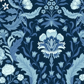 Victorian era floral with roses, carnations, forget-me-nots- dark denim blue monochrome - arts and crafts style - jumbo (24 inch W)