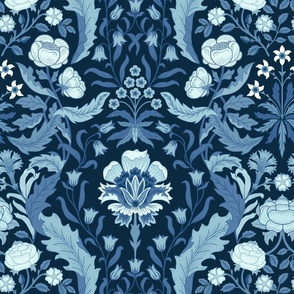 Victorian era floral with roses, carnations, forget-me-nots- dark denim blue monochrome - arts and crafts style - large (18 inch W)