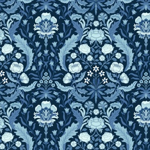 Victorian era floral with roses, carnations, forget-me-nots - dark denim blue monochrome - arts and crafts style - medium (12 inch W)