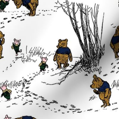 Classic Winnie-the-Pooh and Piglet walking in the Hundred Acre Wood snow
