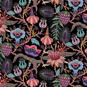 Otherworldly Botanicals - bright, quirky, large flowers and vines - black - large