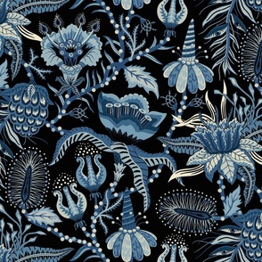 Otherworldly Botanicals - bright, quirky, large flowers and vines - black, blue, cream  monochrome - extra large