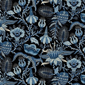 Otherworldly Botanicals - bright, quirky, large flowers and vines - black, blue, cream  monochrome - large