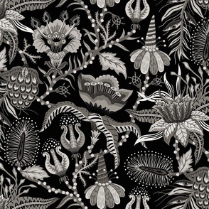 Otherworldly Botanicals - bright, quirky, large flowers and vines - selenium greyscale, black and white - extra large