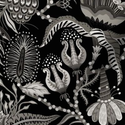 Otherworldly Botanicals - bright, quirky, large flowers and vines - selenium greyscale, black and white - large