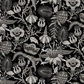 Otherworldly Botanicals - bright, quirky, large flowers and vines - selenium greyscale, black and white - large