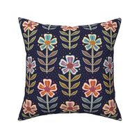 Colourful orange, pink, purple, blue retro floral with dots on navy blue - medium