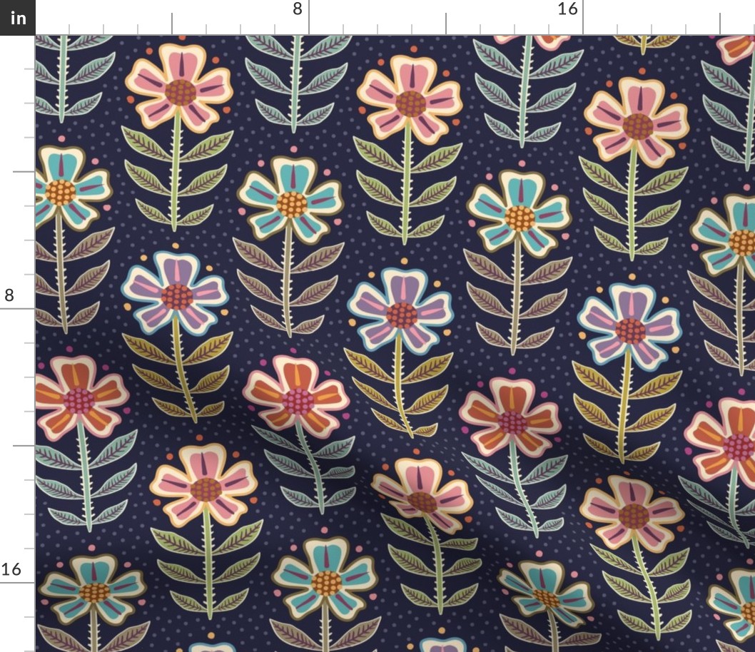 Colourful orange, pink, purple, blue retro floral with dots on navy blue - medium