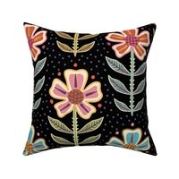 Colourful orange, pink, purple, blue retro floral with dots on black - large