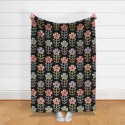 Colourful orange, pink, purple, blue retro floral with dots on black - large