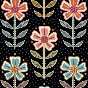 Colourful orange, pink, purple, blue retro floral with dots on black - large