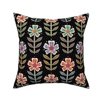 Colourful orange, pink, purple, blue retro floral with dots on black - medium