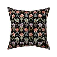 Colourful orange, pink, purple, blue retro floral with dots on black - small