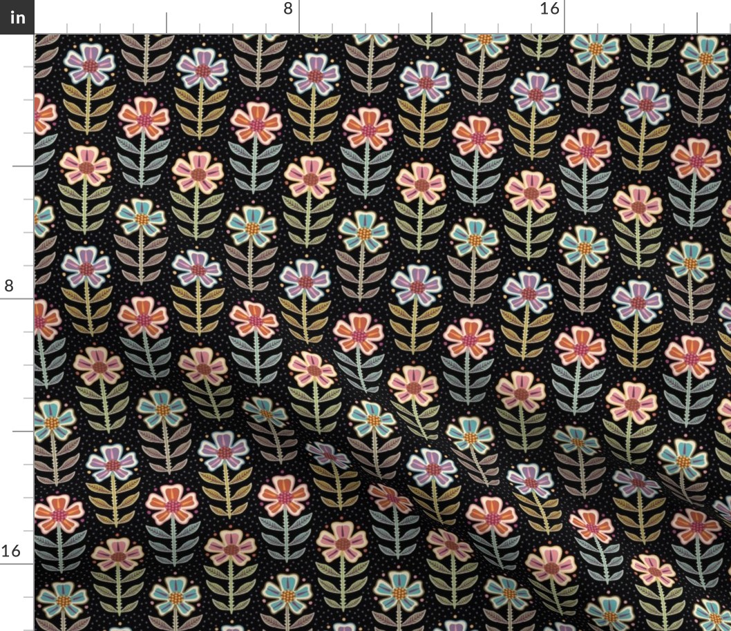 Colourful orange, pink, purple, blue retro floral with dots on black - small