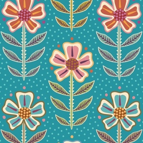 Colourful orange, pink, purple, blue retro floral with dots on bright aqua blue-green - large