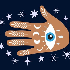 Hamsa hand in the sky with blue eye and Moon Phases 