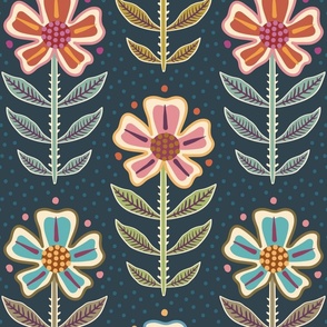 Colourful orange, pink, purple, blue retro floral with dots on dark dusty blue-green, teal - large