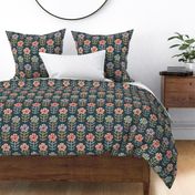 Colourful orange, pink, purple, blue retro floral with dots on dark dusty blue-green, teal - medium