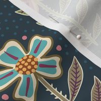 Colourful orange, pink, purple, blue retro floral with dots on dark dusty blue-green, teal - medium