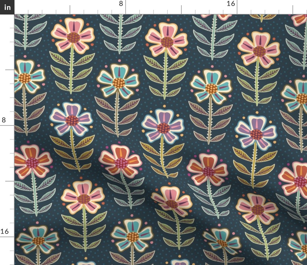 Colourful orange, pink, purple, blue retro floral with dots on dark dusty blue-green, teal - medium