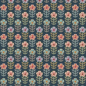 Colourful orange, pink, purple, blue retro floral with dots on dark dusty blue-green, teal - small