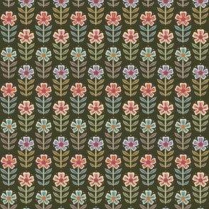 Colourful orange, pink, purple, blue retro floral with dots on dark olive green - small