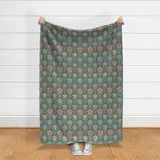 Colourful orange, pink, purple, blue retro floral with dots on dusty sage green - medium