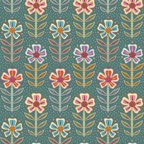 Colourful orange, pink, purple, blue retro floral with dots on dusty sage green - medium