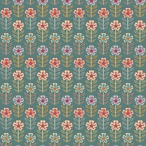 Colourful orange, pink, purple, blue retro floral with dots on dusty sage green - small