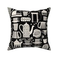 Fika - Swedish coffee and cakes with bold geometric ceramics in linen white on black, lino cut style with flowers and coffee beans- large