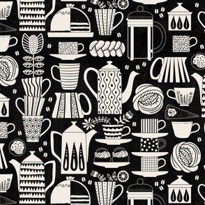 Fika - Swedish coffee and cakes with bold geometric ceramics in linen white on black, lino cut style with flowers and coffee beans- large