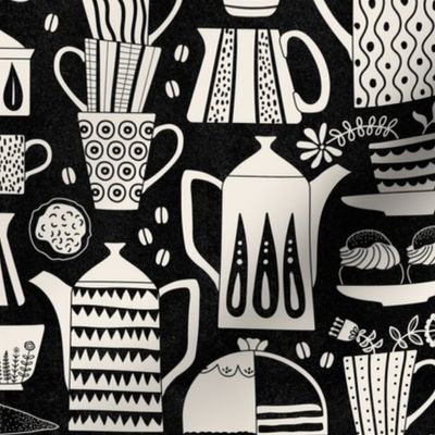 Fika - Swedish coffee and cakes with bold geometric ceramics in  linen white on black, lino cut style with flowers and coffee beans- medium