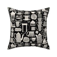 Fika - Swedish coffee and cakes with bold geometric ceramics in  linen white on black, lino cut style with flowers and coffee beans- medium